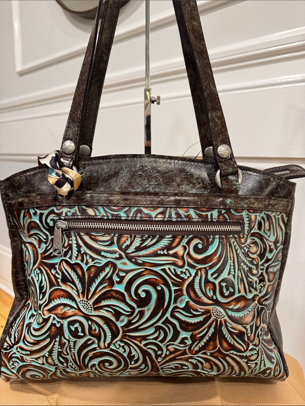 Patricia Nash Bag Tooled Turquoise Brown Leather Floral Embossed Tote NWT - Picture 4 of 17